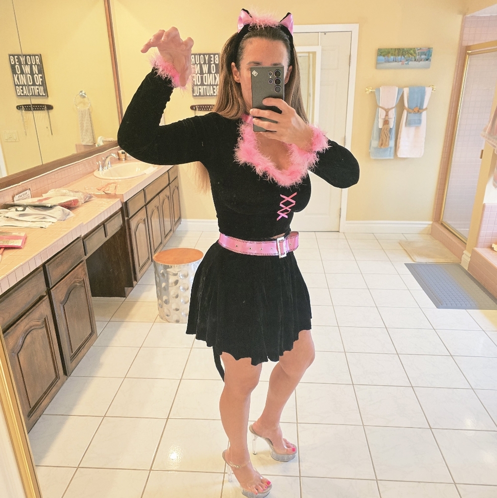 Black and Pink Cat Halloween Costume Dress, Tail, Top, Headpiece And Belt
